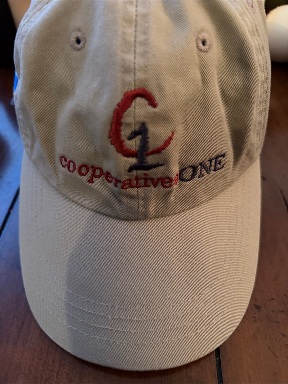 Cooperative Khaki Baseball Cap with Red & Navy Embroidery